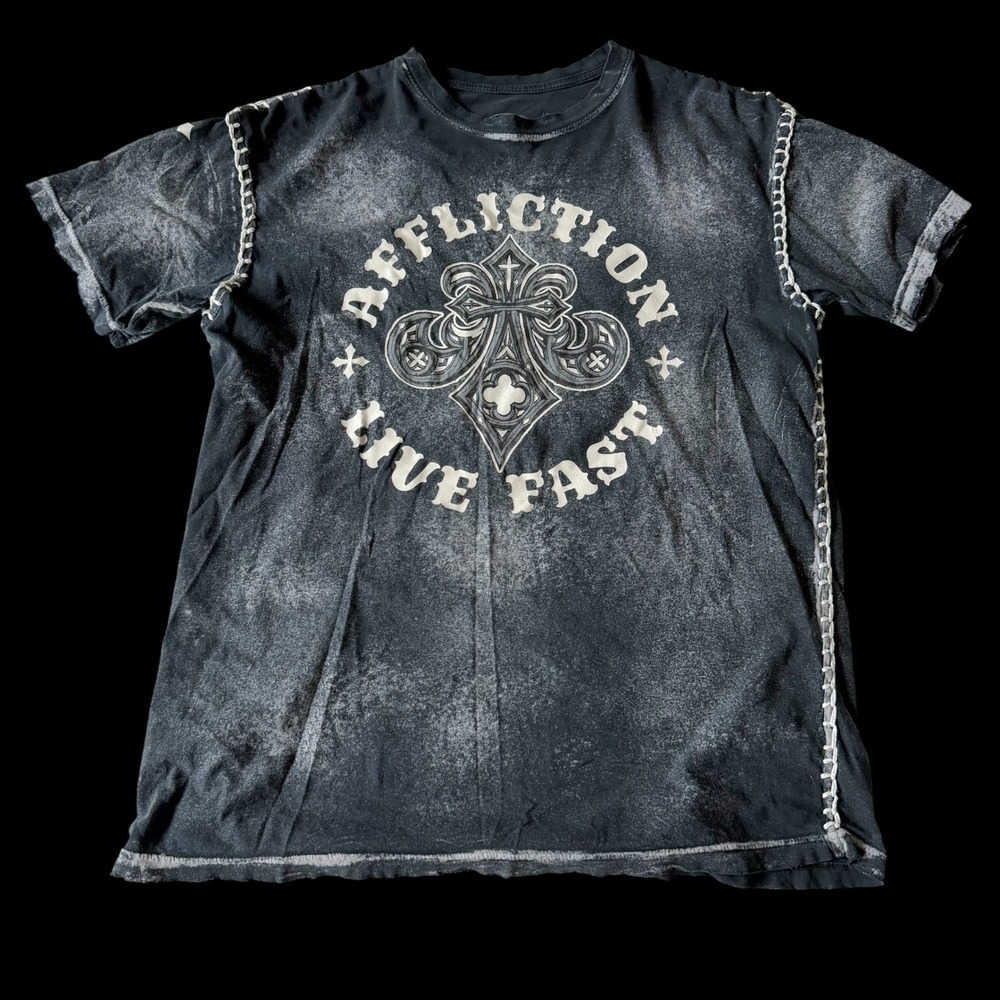 Y2K Affliction Live Fast T Shirt XL Black Fleur De Lis Whipstitch USA